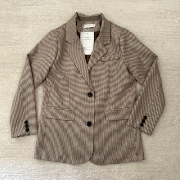Lucky U Womens Houndstooth Blazer Brown Two Button Jacket Size Medium Cotton Ble - Picture 7 of 11
